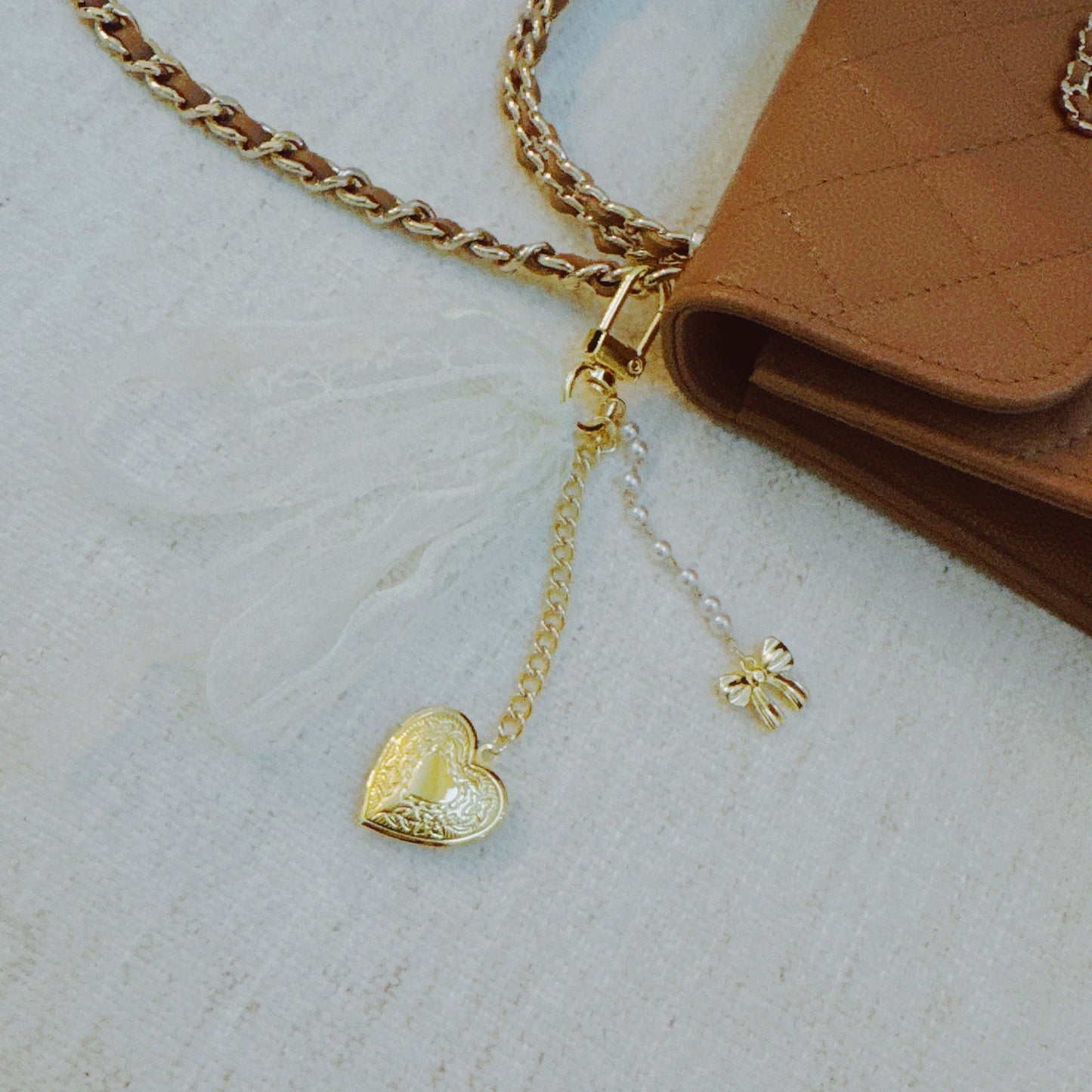 Lace & Love Heart Bag Charm – White Bow with Gold Heart | Romantic Chic